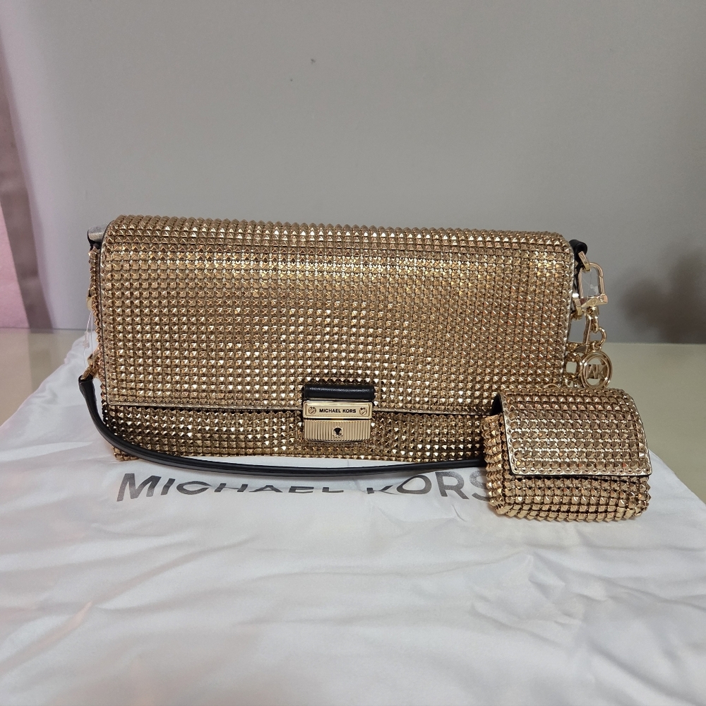 Michael KORS Black/Pale Gold Studded Bag With Matching Signature Charm.